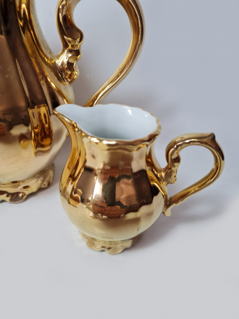 Moschendorf Retsch Wunsiedel Фарфоровый набор посуды для чая с обильной позолотой "Золото": чайник 19см x 18см, молочник 8см x 9см, сахарница 10см x 12см, Германия, 1960-70гг.