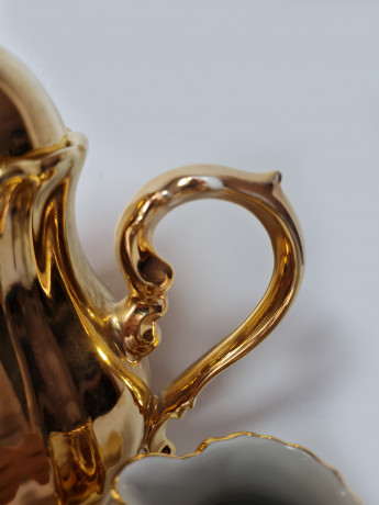 Moschendorf Retsch Wunsiedel Фарфоровый набор посуды для чая с обильной позолотой "Золото": чайник 19см x 18см, молочник 8см x 9см, сахарница 10см x 12см, Германия, 1960-70гг.