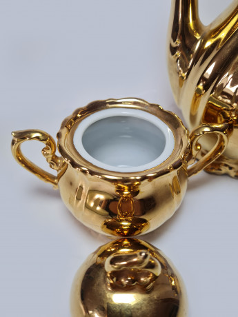 Moschendorf Retsch Wunsiedel Фарфоровый набор посуды для чая с обильной позолотой "Золото": чайник 19см x 18см, молочник 8см x 9см, сахарница 10см x 12см, Германия, 1960-70гг.