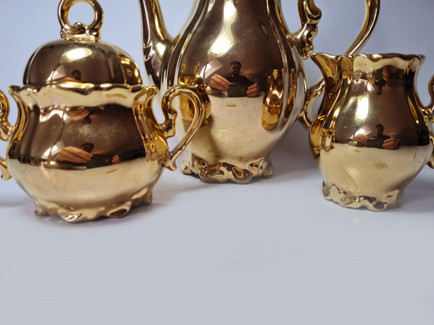 Moschendorf Retsch Wunsiedel Фарфоровый набор посуды для чая с обильной позолотой "Золото": чайник 19см x 18см, молочник 8см x 9см, сахарница 10см x 12см, Германия, 1960-70гг.