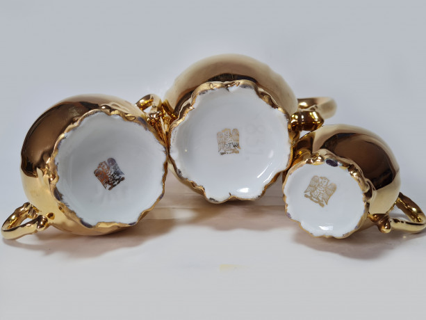 Moschendorf Retsch Wunsiedel Фарфоровый набор посуды для чая с обильной позолотой "Золото": чайник 19см x 18см, молочник 8см x 9см, сахарница 10см x 12см, Германия, 1960-70гг.