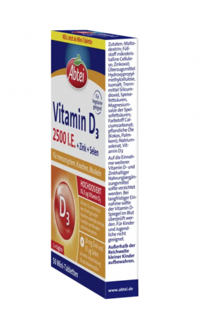 ABTEI Vitamin D3 2500 I.E. Tabletten Titandioxidfr 50st, Витамин D3 2500 + Цинк + Селен, 50шт